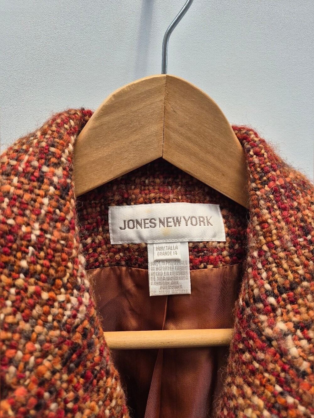 Vintage Jones New York Tweed Blazer Size 14 Wool Blend Jacket Burnt Orange Prep - Picture 6 of 16